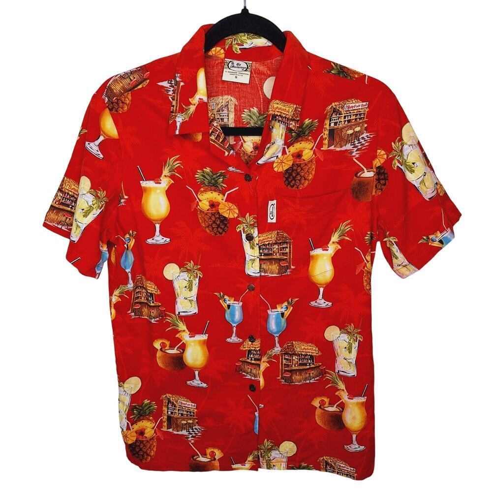 VTG 90s Go Barefoot Aloha Camp Shirt Hawaiian Women S Tiki Cocktails Pina Colada